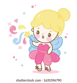 Cute angel cartoon, fairy princess vector (Kawaii vector): Series Girly doodles sweet pastel color. Magic perfect for Nursery Wall children isolated on white background, baby shower card, t shirt.