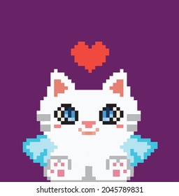 Cute angel cat. Pixel art style.vector design