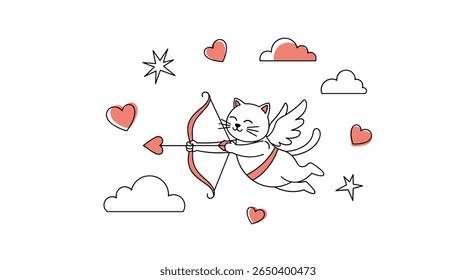 Cute angel cat shooting arrow of love with hearts and clouds around for valentines day