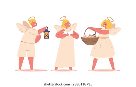 Cute Angel Characters With Lantern, White Dove And Basket Full Of Easter Eggs. Adorable Baby Cherubs Brighten The World