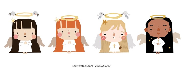 Cute angel child vector kid characters for wedding, easter, christianity symbol. Praying peace girl illustrations set. Cartoon bible adorable christmas stickers. 