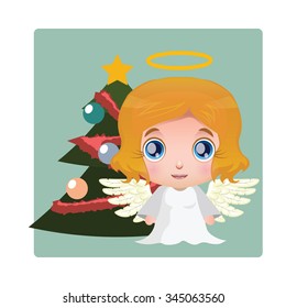 Cute angel with Christmas tree in background