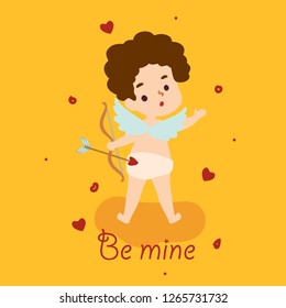 Cute angel cupid with bow and arrow. Vector Happy Valentine Day card