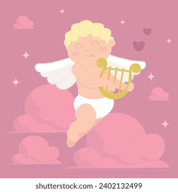 Cute angel cupid with fluffy wings plays the harp on Valentine's Day