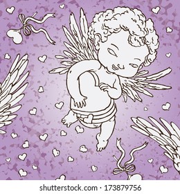 Cute Angel Cupid Object for  Valentine's day card. Background and wedding invitation. Text on a separate objects. VECTOR.