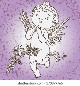 Cute Angel Cupid Object for  Valentine's day card. Background and wedding invitation. Text on a separate objects. VECTOR.