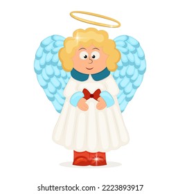 Cute angel with curls, blue wings, and halo over his head. Vector illustration.