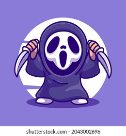 cute angel of death holding two knives cartoon illustration vector icon