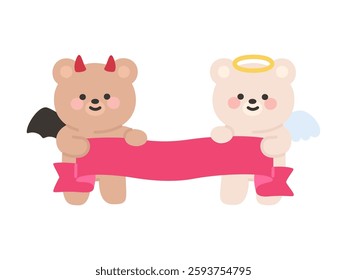 Cute Angel and Devil Bear Holding Blank Red Ribbon Banner for Custom Text Vector Illustration