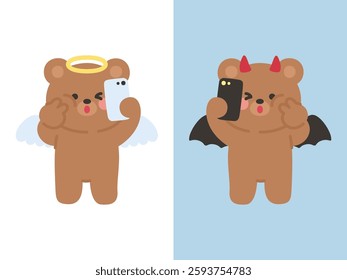 Cute Angel and Devil Bear Taking Selfies in Mirrored Composition on Split Background Vector Illustration