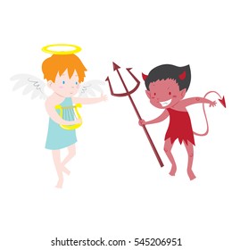 Cute angel and devil boy describing good and bad concept vector illustration