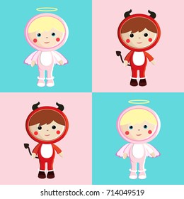 Cute angel and devil boy describing good and bad concept vector illustration.