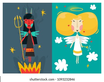 Cute Angel and Devil. Fairy vector illustration. Girly Angel & Devil