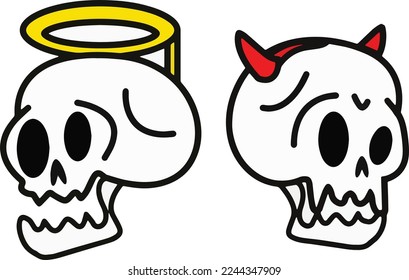 cute angel and devil sketch skull facing sideways