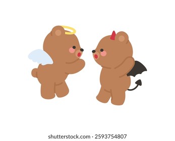 Cute Angel and Devil Teddy Bears Facing Each Other in a Playful Interaction Vector Illustration