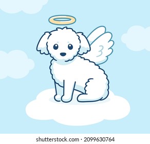 Cute angel dog with wings and halo on a cloud in heaven. Little white fluffy puppy drawing, vector illustration.