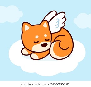 Netter Engelshund mit Flügeln schlafend auf Wolke im Himmel. Grußkarte für den Verlust des Tieres. Shiba Inu Zeichnung, Vektorillustration.