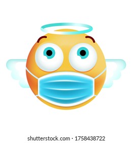 Cute Angel Emoticon with Face Mask on White Background. Isolated Vector Illustration 