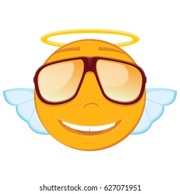 Cute angel emoticon in a sunglasses on white background. Vector illustration.
