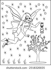 Cute Angel And Fairy Outline for Creative Coloring Page For Kids.