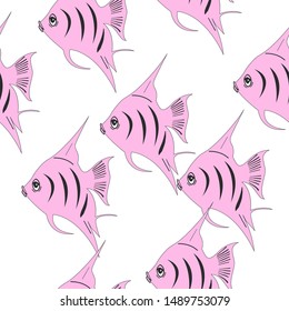Cute angel fish pattern. Seamless design, dark background. Vector editable file.