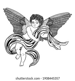 Cute angel flies, contour drawing of black color isolated on white background, stock vector illustration for design and decor, sticker, clipart, poster, banner