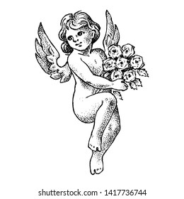 Cute angel  with flowers. Small aesthetic Cupid with wings fly  in the sky. Children in Monochrome engraved style. Template for tattoo or logo. Hand drawn vintage sketch.