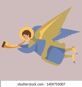 Cute angel flying with a yellow trumpet, cartoon vector character, magic Christmas symbol