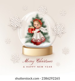 Cute angel with gift box and Christmas tree in a snow globe with snowflakes