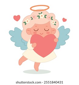 Menina de anjo bonito com asas azuis em um vestido branco com cabelo loiro toma o coração em mãos isoladas em um fundo branco. Para web, cartões, cartazes, convites, adesivos. Ilustração vetorial