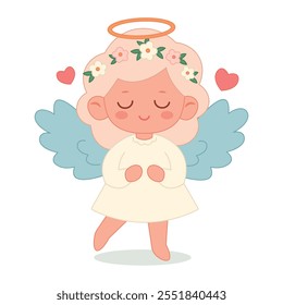 Cute angel girl with blue wings in a white dress with blond hair isolated on a white background. For web, cards, posters, invitations, stickers. Vector illustration