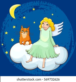 Cute angel girl and cat on cloud. Christian vector cartoon illustration. For festive decoration Christmas, Valentine's Day. Illustration for children's books, cards.