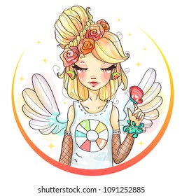 Cute angel girl with closed eyes holds a butterfly on her finger. Cartoon character girl portrait, young fashion woman vector illustration art