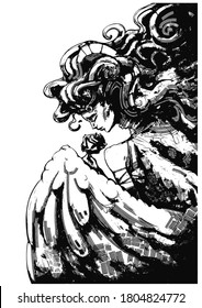 Cute angel girl with lush hair sniffs a rose, hiding behind a huge wing. 2D illustration
