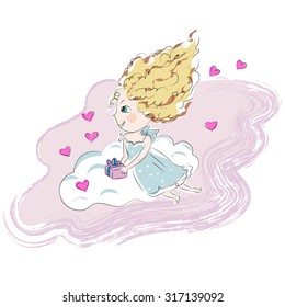 Cute angel girl on a pink cloud with little present vector illustration