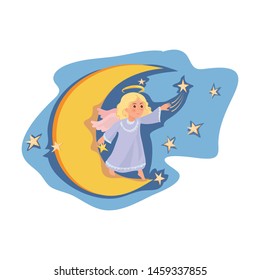 Cute angel girl stay at night moon, move stars