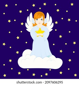 Cute angel girl with wings on a cloud with a star in her hands on a background of the night sky. Cartoon vector illustration for kids