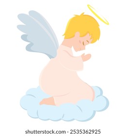 Cute angel with halo flying among clouds Vector