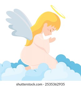 Cute angel with halo flying among clouds Vector