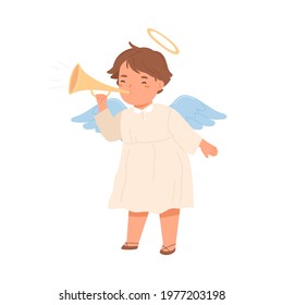 Cute angel with halo and wings blowing in trumpet. Herald boy holding music instrument. Childish colored flat vector illustration of little religious messenger isolated on white background