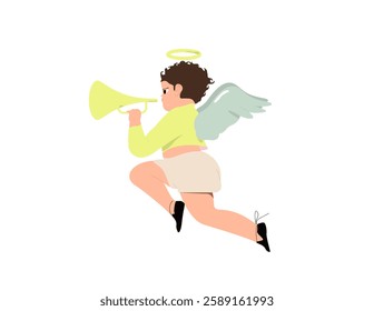 Cute angel with halo and wings blowing in trumpet. Herald boy holding music instrument. Childish colored flat vector illustration of little religious messenger isolated on white background