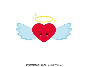 Cute angel heart character icon isolated on white background. Heart with light angel wings, halo. Flat design cartoon clip art vector illustration.