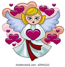 Cute angel with hearts and clouds