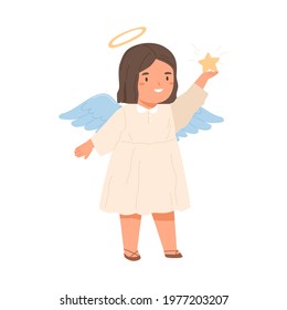 Cute angel holding Christmas star in hand. Happy smiling child with halo and wings looking at divine miracle. Colored flat vector illustration of little religious girl isolated on white background