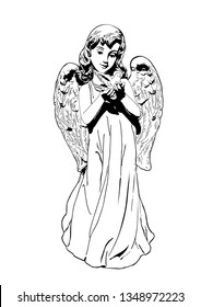 cute angel holding dove vector illustration
