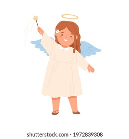 Cute angel holding magic wand with Christmas star. Happy smiling Christian girl with fairy stick, wings and halo. Colored flat vector illustration of child spirit isolated on white background