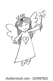 Cute angel holding magical star wand flying happy