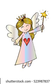 Cute angel holding magical star wand flying happy