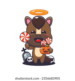 Cute angel horse holding candy in halloween day. Cute halloween cartoon illustration.