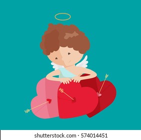 Cute angel isolated on white background. Vector illustration for cartoon holiday design. Child children baby kid. Happy valentine day cupid. Romantic couple icons. Red heart, arrow, bow, halo
